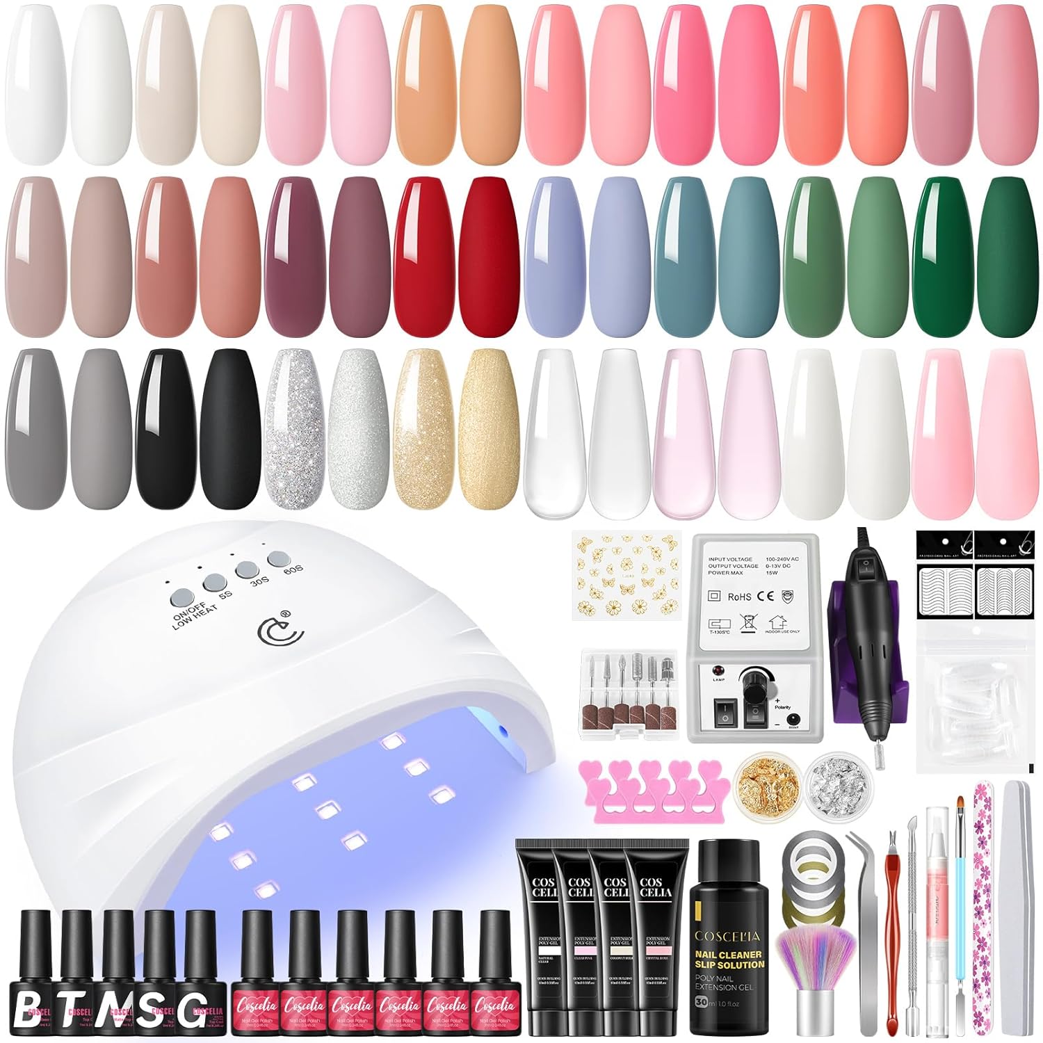 COSCELIA Nagelset, UV-Gel, komplett, 51 Stück, 24 Farben, semi-permanenter Nagellack, Poly-Verlängerung, Gel, Schleifmaschine für Nägel, UV-Lampe, Base und Top Coat, Maniküre, Werkzeuge, Zubehör Nail 1 - beautyscript