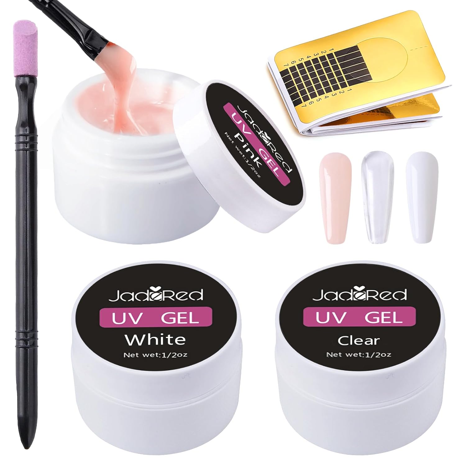 3 Stück Gel Nägel,10g Aufbaugel für Gelnägel,Gel für Gelnägel,Nagel Gel Aufbaugel,Uv Aufbaugel für Nagelverlängerungen und Nagelstyling,mit Papierhalter und Schleifstab (Rosa,Weiß,Transparent) 1 71gkqNU0MqL. SL1500 - beautyscript