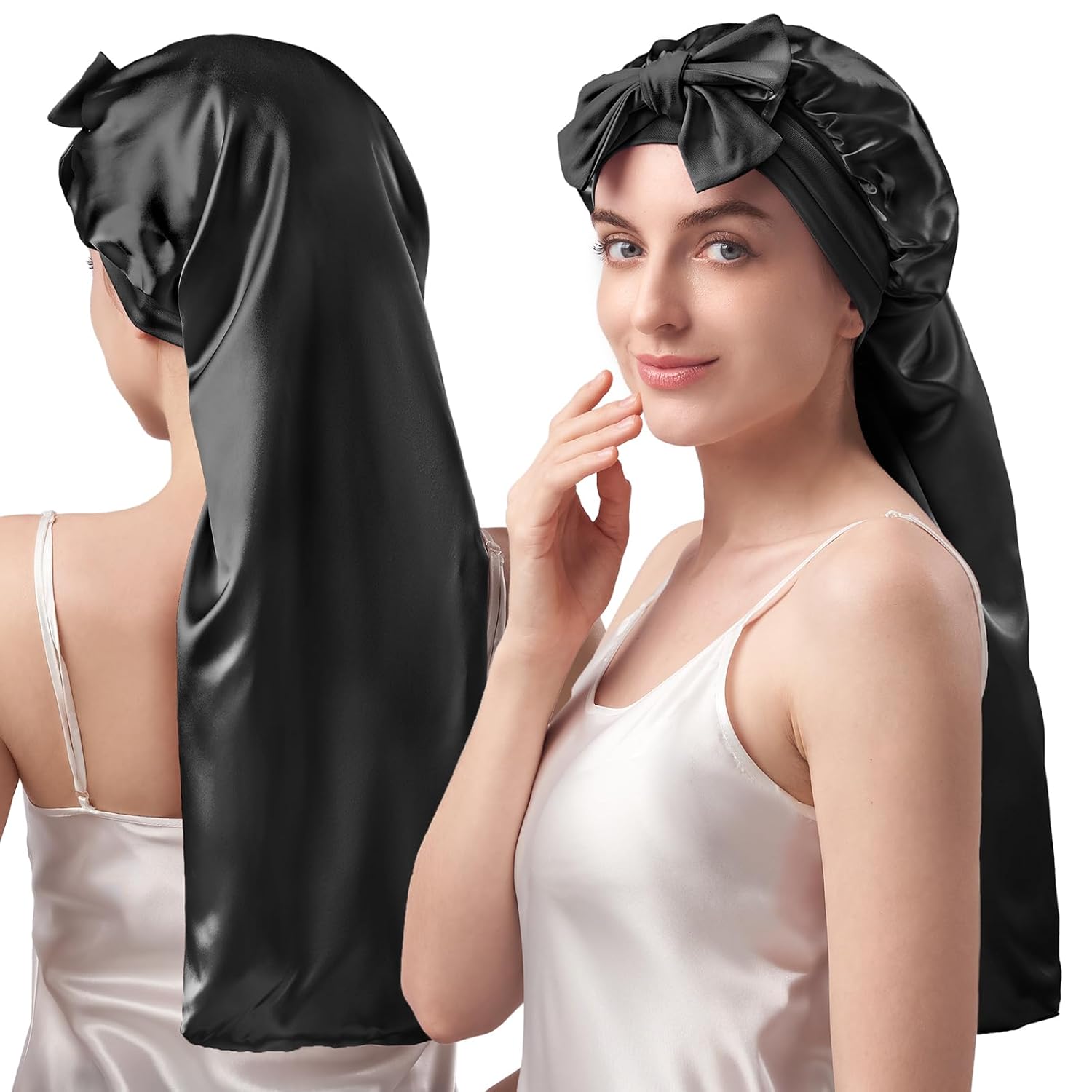 Umisleep 22 Momme 100% Maulbeerseide Schlafmütze, Doppelseitig, Weiche Nachtmütze für Voluminöses Haar, Atmungsaktiv, Verstellbares Breites Band, Schwarz 1 - beautyscript